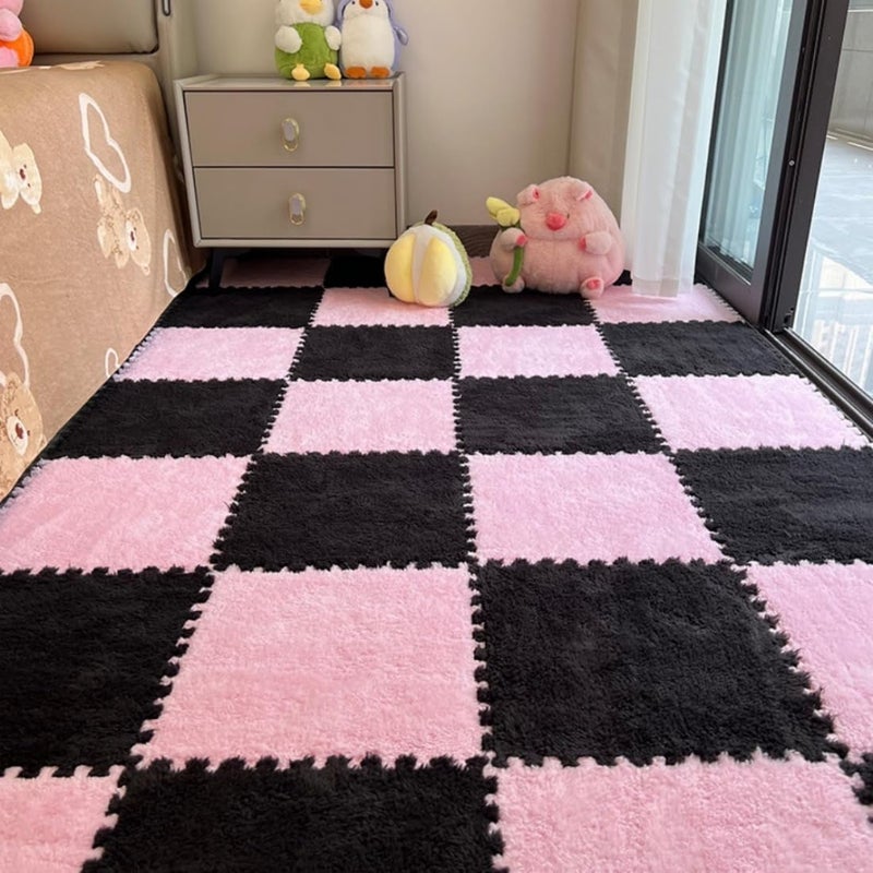 YISLEND 12Pcs Interlocking Carpet Tiles,12"x 12" Plush Interlocking Foam Carpet Tiles with Border,Fluffy Play Mat Floor Tiles Thick Padded Squares Foam Tiles for Playroom Decor (Pink+Black) - Image 1